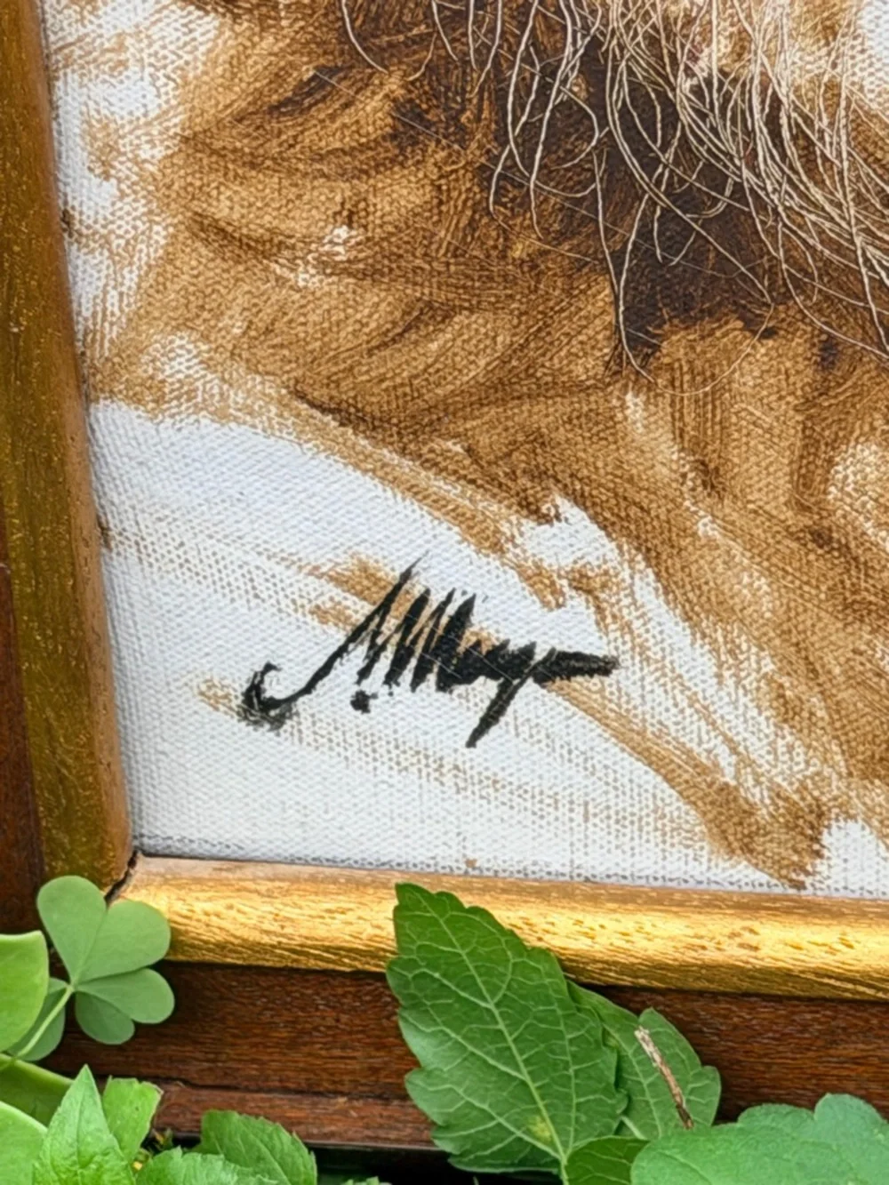 Vintage Framed Portrait signed textile painting European decor old world neutral